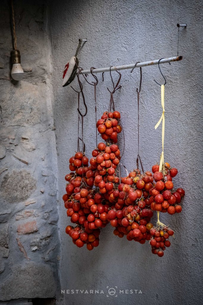Bunches of red tomatoes hanging on a rod against a textured gray wall, with a light bulb and a piece of decorated cloth nearby.